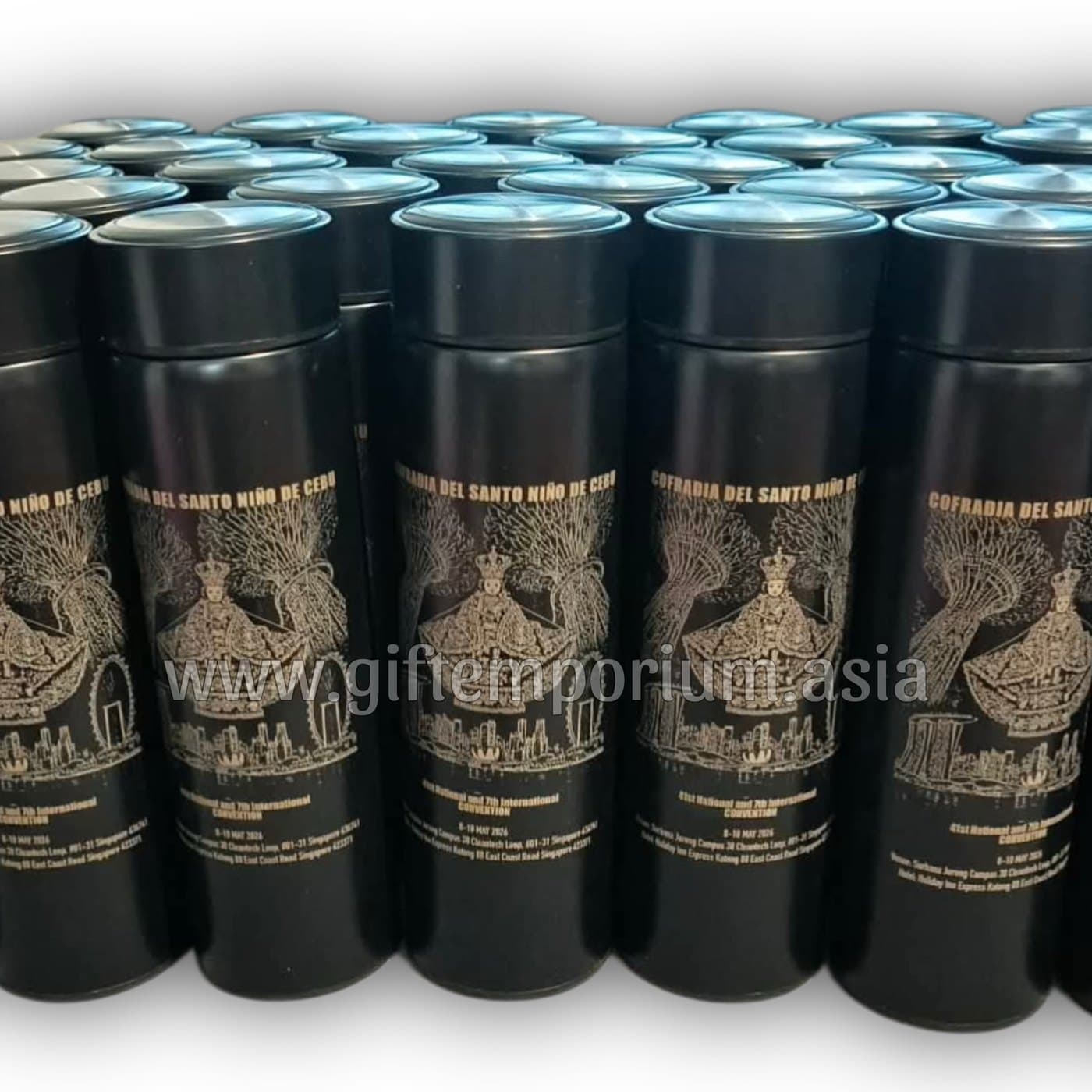 Laser-engraved black tumblers for a corporate convention