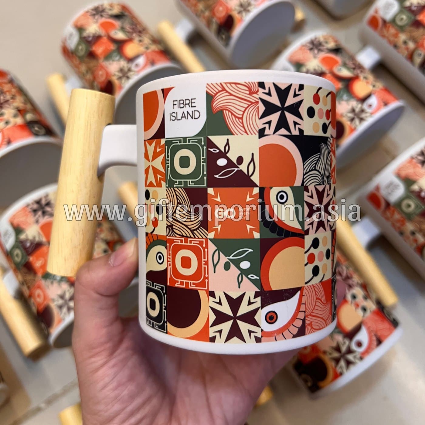 Custom-printed patterned mugs with wooden handles for Fibre Island