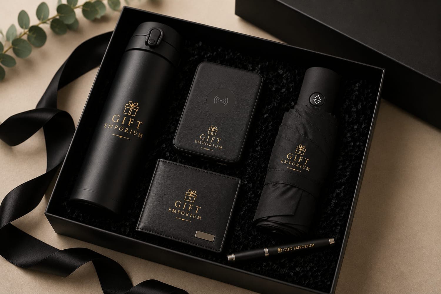 A premium black gift set — thermos, power bank, wallet, umbrella and pen branded by Gift Emporium